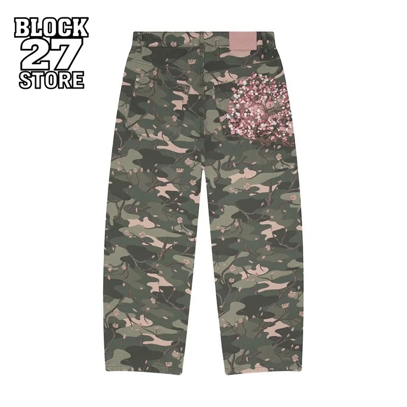 Embroidery Jeans Sakura - Herren Jeans Y2K Sakura Stickerei Camo