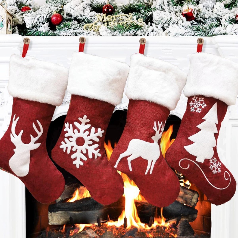 Embroidery Xmas Stocking - Roter Weihnachtsmann-Strumpf, Elch, Schneeflocke, Geschenktüten, Weihnachts-Stickerei,