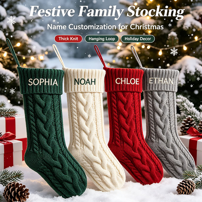 Embroidery Xmas Stocking - Personalisierte Weihnachtsstrümpfe mit Stickerei, Dicke Zopfmuster-Weihnachtsstrümpfe,
