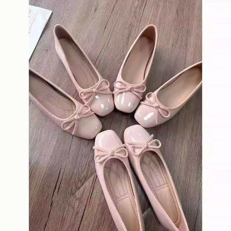 Embroidery Flat Shoes - Damen-Ballettschuhe mit eckiger Zehenpartie und Schleife,