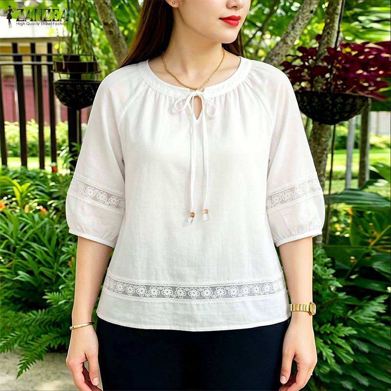 Embroidery Jersey - ZANZEA Damen-Bluse mit Blumenstickerei, Herbst-Spitzen-Patchwork, Bindekragen,