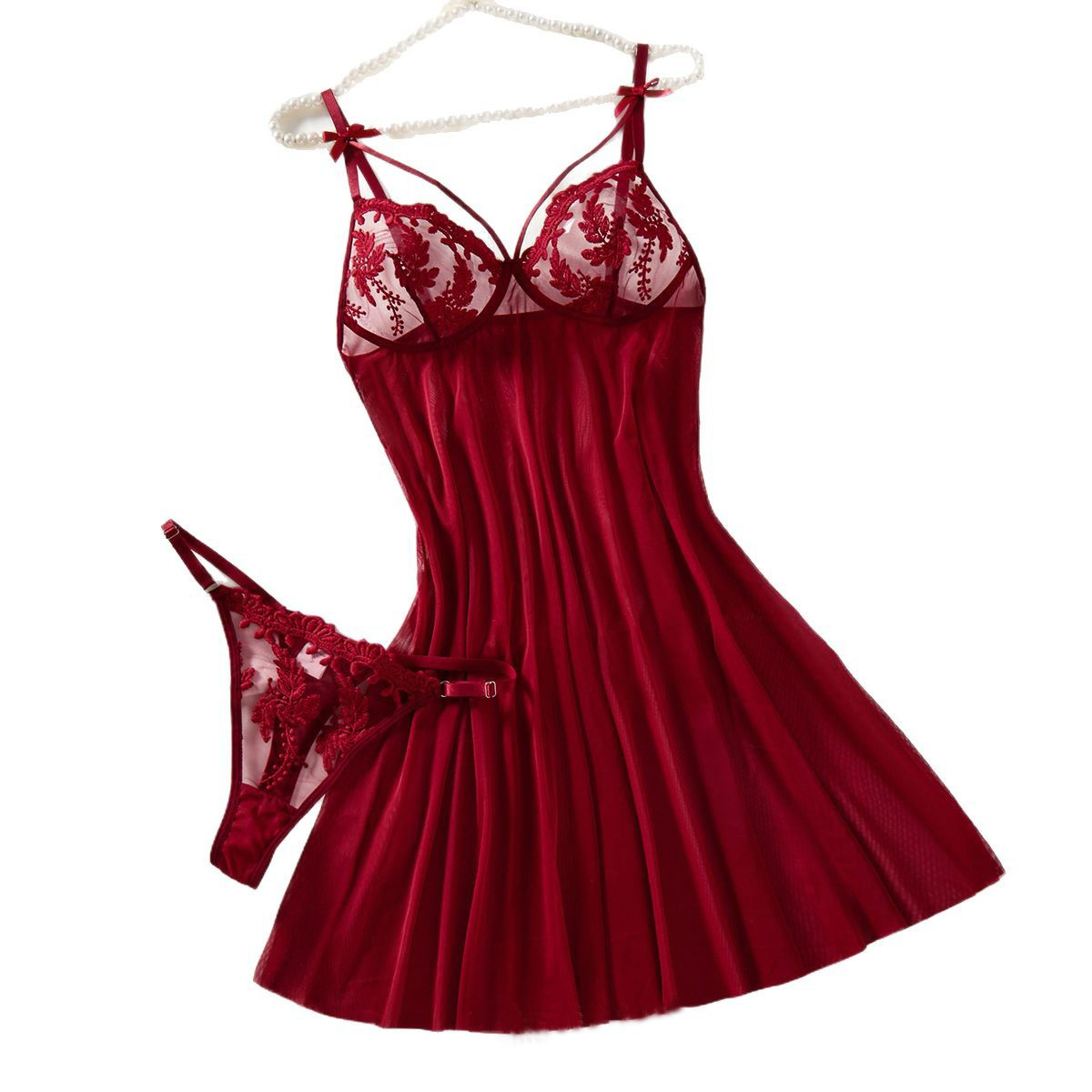 Embroidery Design - Weinrotes Damen-Nachthemd im Landhausstil mit Weizenähren-Stickerei,