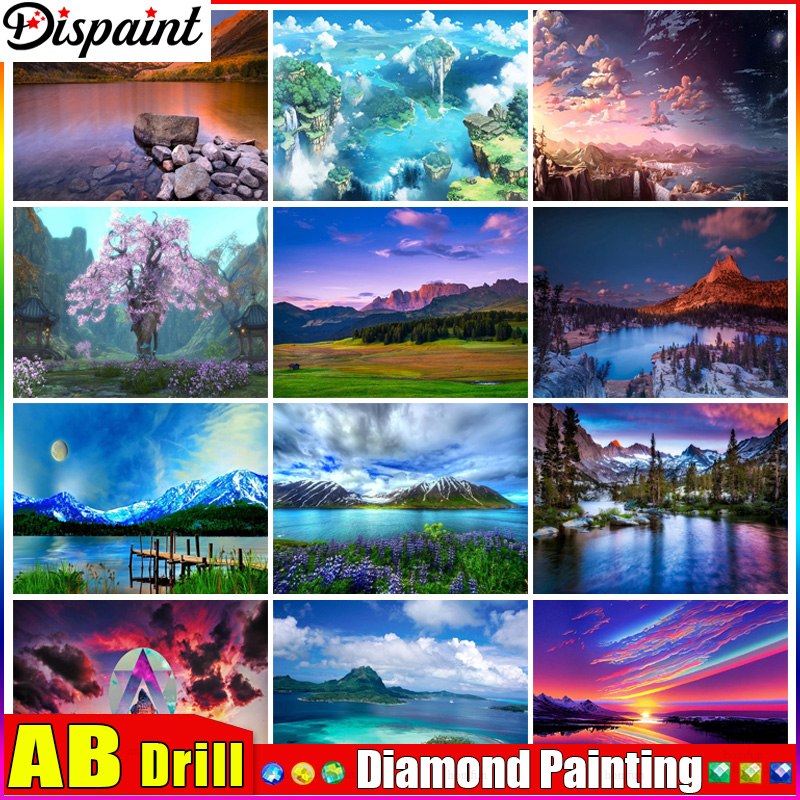 Embroidery Cross Stitch Patterns - Dispaint AB-Diamantgemälde voller quadratischer/runder Diamant „Fluss-Sonnenuntergangsbaum“