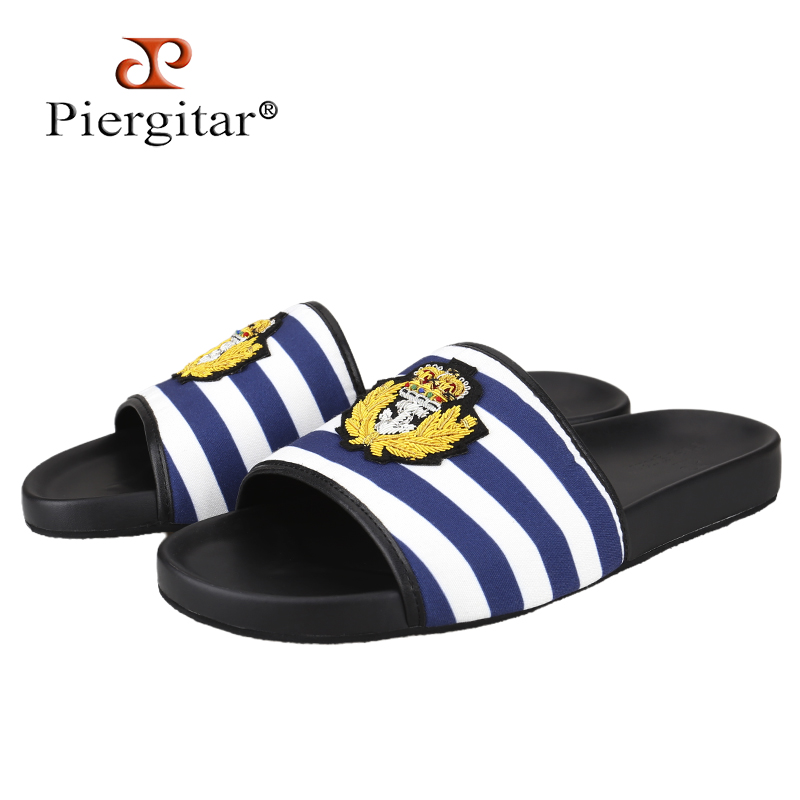 Embroidery White - Piergitar blaue und weiße karierte Canvas-Herren-Sandalen