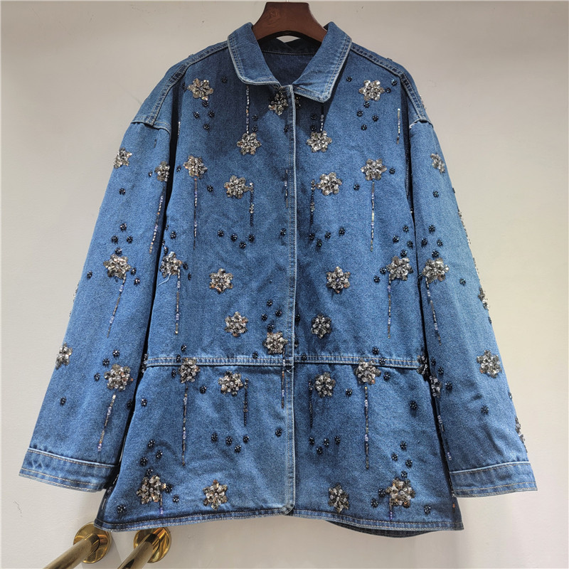 Embroidery Flower Pattern - SuperAen bestickte, ausgestellte Blumen-Jeansjacke mit Polokragen,