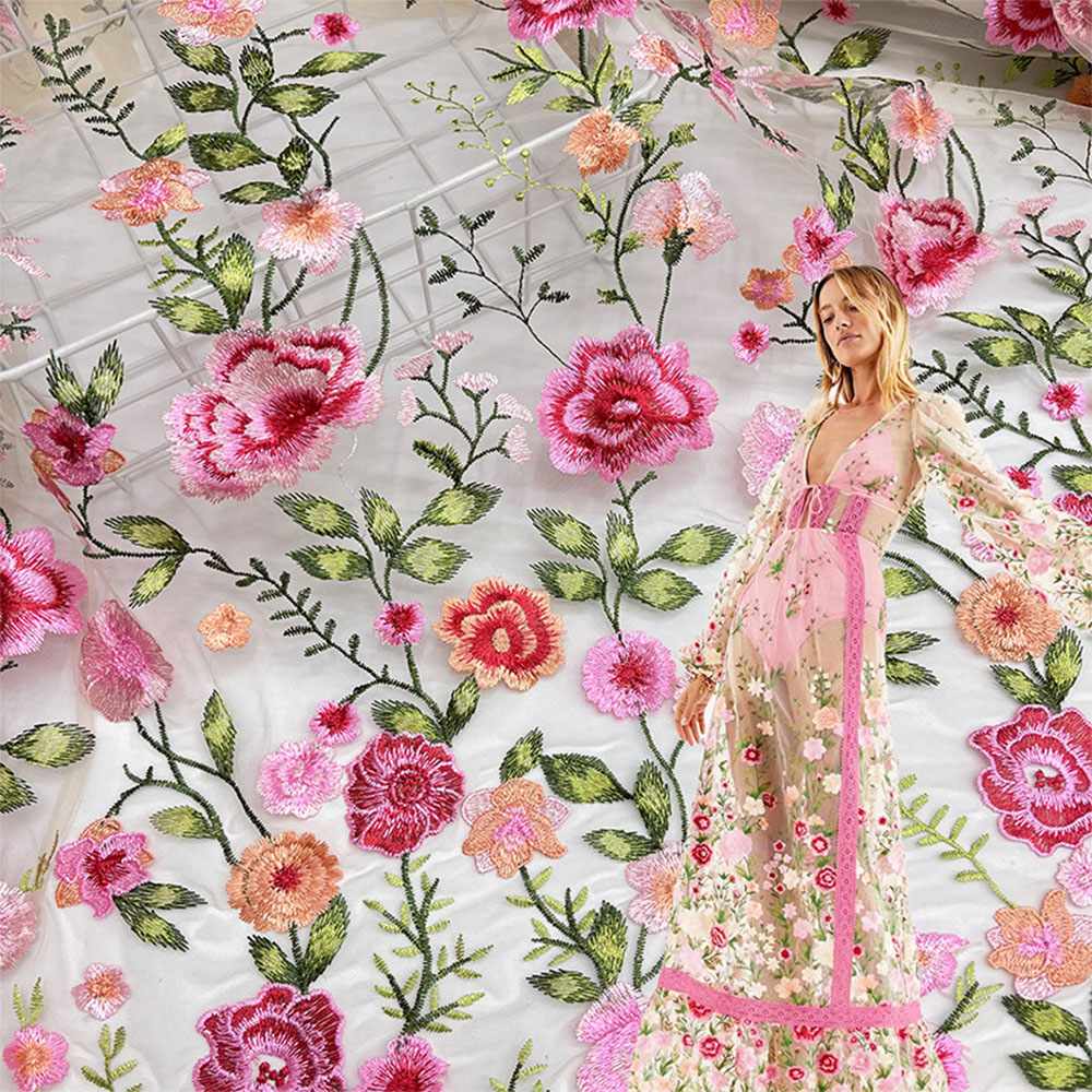 Embroidery Flower Pattern - 51x17 Zoll Weicher 3D-Bestickter Blumen-Spitzen-Tüllstoff zum