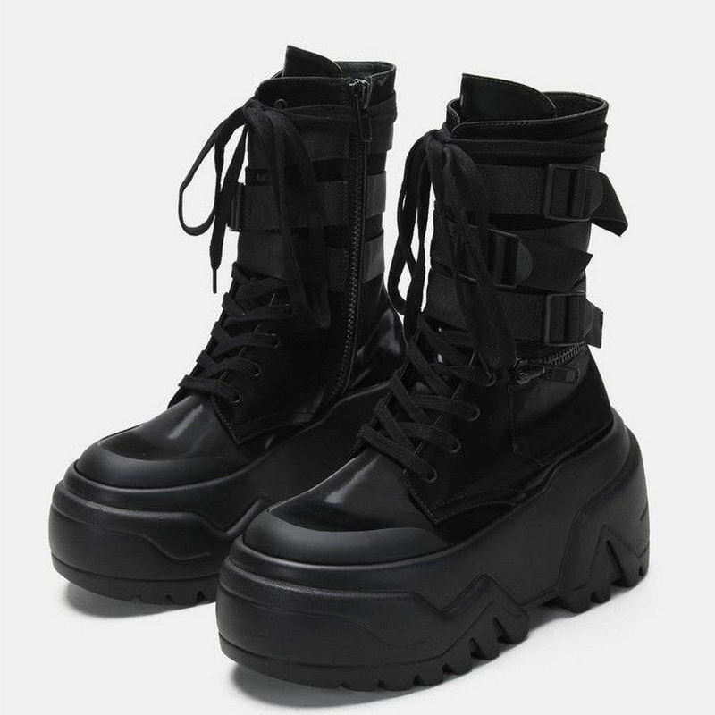 Embroidery White - Modische Damen Chunky Platform Motorradstiefel Weiße