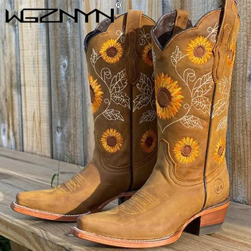 Embroidery Design - Designer Damen Kaffeebraune Stickereistiefel PU-Leder Bedruckte
