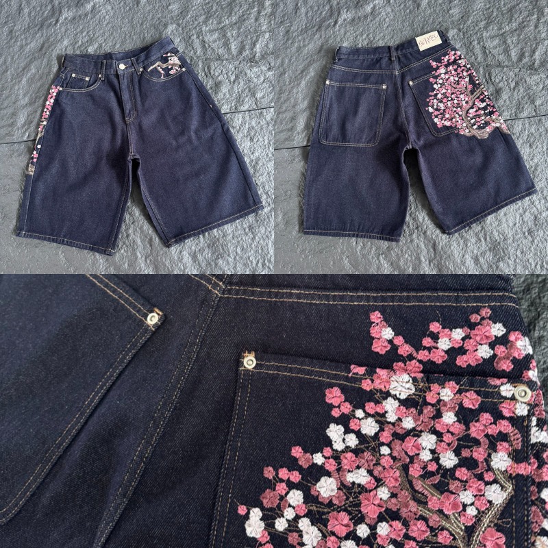 Embroidery Jeans Sakura - Herren Damen Dunkle Raw-Denim-Knielange Shorts mit