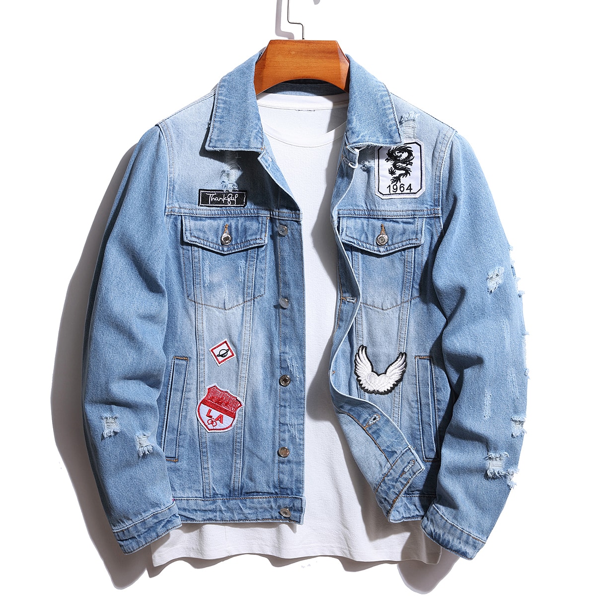 Embroidery Patch - Vintage Herren Zerrissene Baggy Winter-Jeansjacke mit