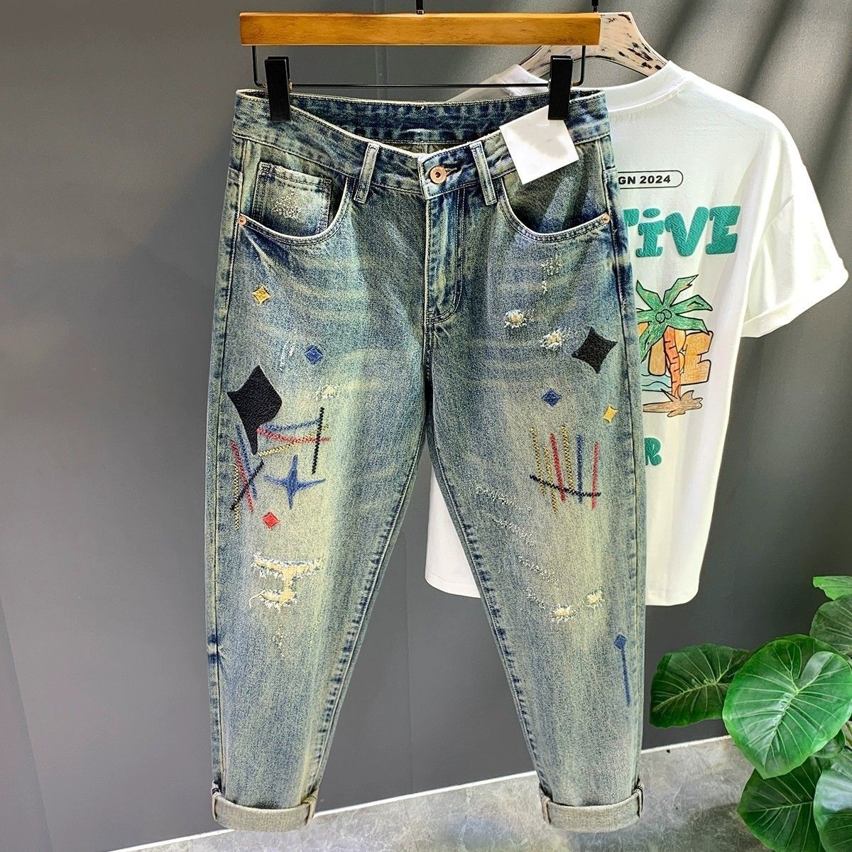Embroidery On Jeans - Mode männer Casual Jeans mit Stickerei