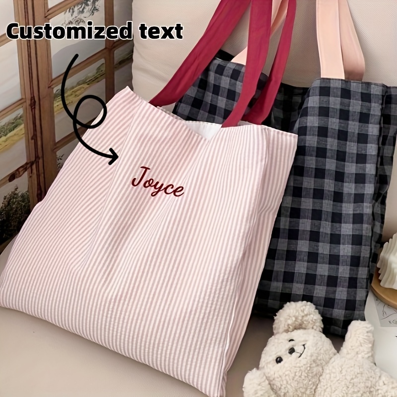 Embroidery Name - Benutzerdefinierte Namens-Stickerei-Einkaufstasche für Damen, gestreifte, karierte