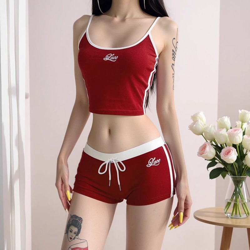 Embroidery Font - Damen-Set mit Patchwork-Stickerei, U-Ausschnitt-Trägertop und Kordelzug-Mini-Shorts,