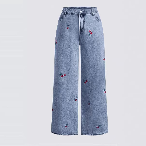Embroidery Jeans Sakura - Retro-Jeans aus gewaschenem Denim, Damen, elastisch,